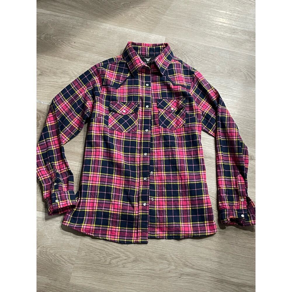 Wilfull Wear Western Plaid Shirt, Women's size Small, Pink Navy Plaid,Collar